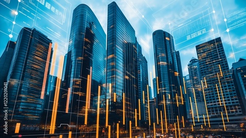 Skyscrapers building with chart analytic, Economy finance growing with Innovation, successful. Digital technology background with growth diagram stats, corporation theme. 
