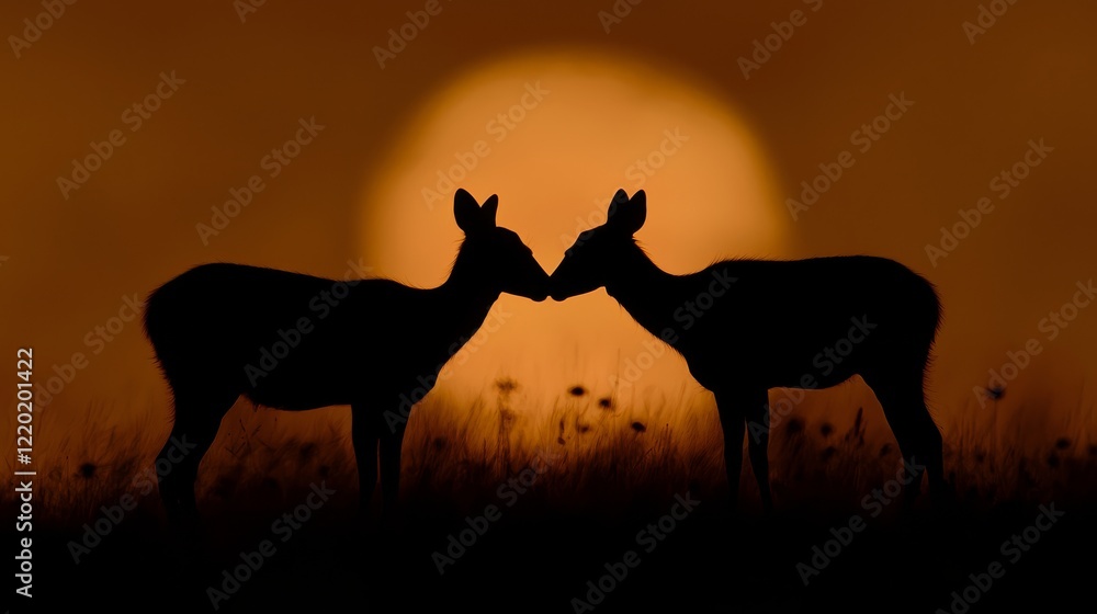 deer in the meadow with the moon rising. deer in the meadow with the moon rising.