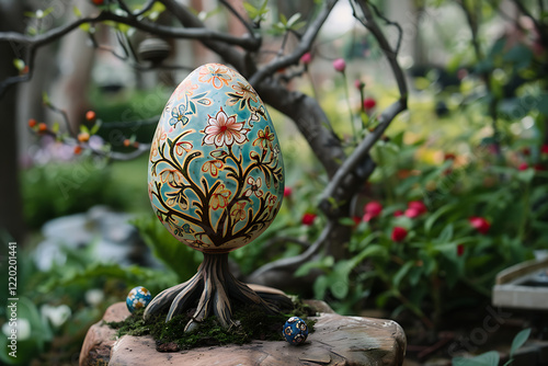 springtime delights, birdsong and rustling leaves greet the day, an easter egg tree elegantly stands in the garden, filling hearts with seasonal joy photo