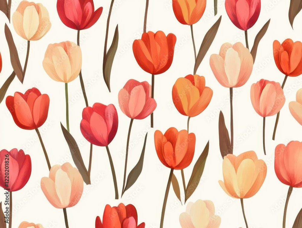 Obraz premium A Seamless Pattern of Red, Orange, Pink, and Cream Tulips with Green Leaves and Stems on an Off-White/Cream Background