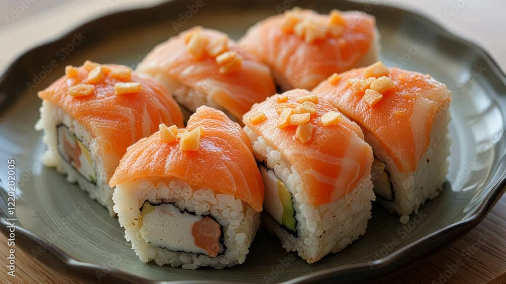 Delicious Heart-Shaped Sushi Rolls on Black Plate with Gourmet Garnishes Delicious Heart-Shaped Sushi Rolls on Black Plate with Gourmet Garnishes