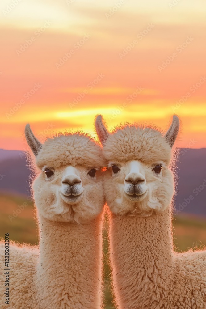 Obraz premium Llamas grazing on a hill at sunset with soft light and copy space.