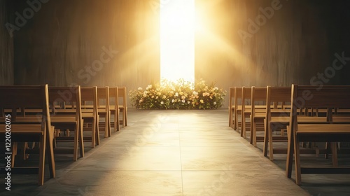 A funeral scene with rows of chairs and floral tributes  sunlight streaming through a chapel window  peaceful and respectful