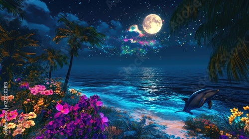 Dolphin swims tropical beach, moonlit night, fantasy