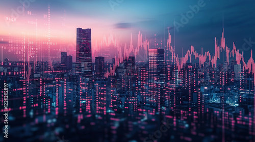 Wallpaper Mural Vibrant Cityscape at Night with Stock Market Data Overlay Torontodigital.ca