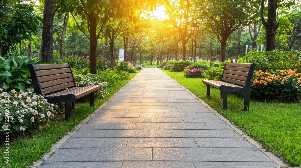 A serene memorial garden with benches and fresh flowers, representing reflection and healing, calm and peaceful tone A serene memorial garden with benches and fresh flowers, representing reflection and healing, calm and peaceful tone