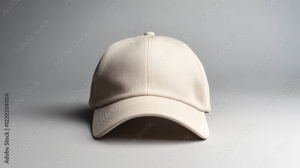Beige solid-colored baseball cap, flat-lay on a grey background, high-resolution photography Beige solid-colored baseball cap, flat-lay on a grey background, high-resolution photography