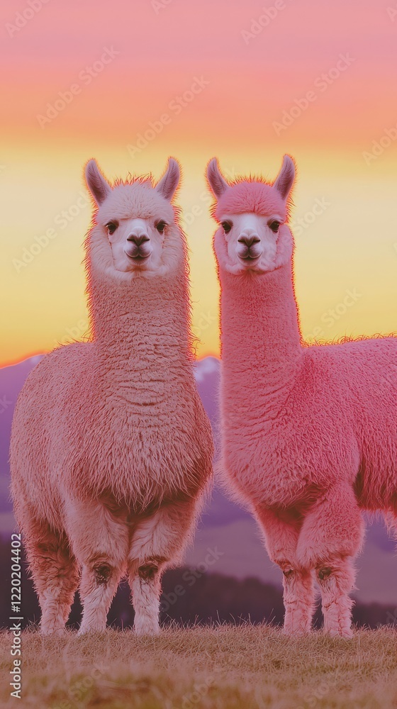 Fototapeta premium Two llamas standing together on a hilltop in sunset, their coats glowing and symbolizing peace and tranquility.