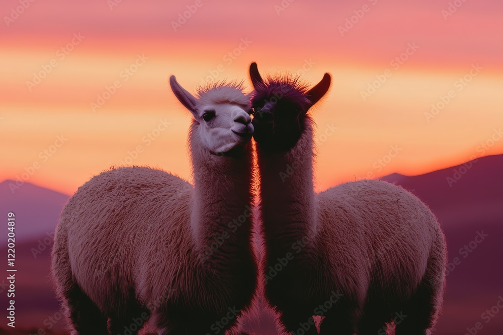 Obraz premium A close-up of two llamas, or lama guanicos, from the Andes standing together on a hill, with their coats glowing in the warm light of a sunset.
