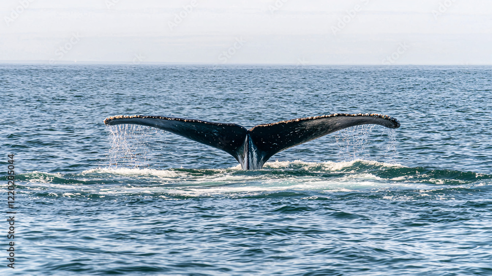 Fototapeta premium A majestic whale tail rises from the ocean, sending sprays of water into the air, illustrating the beauty of marine life.