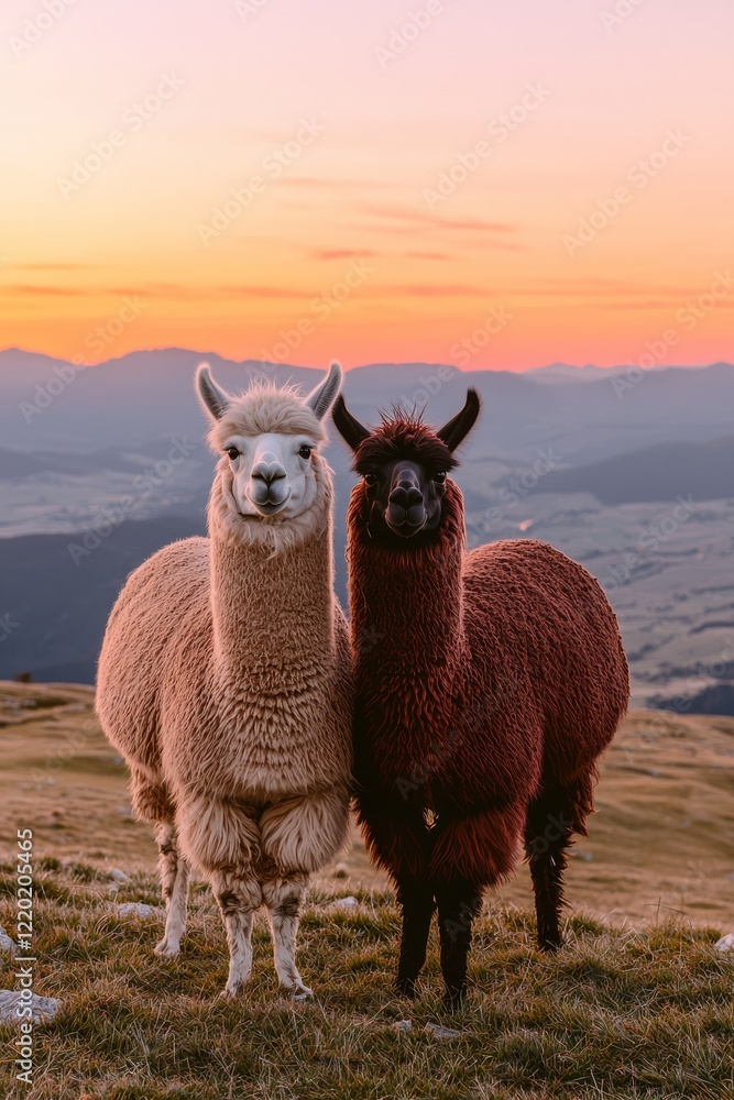 Obraz premium Llamas in love, mutual protection and care. Relatedness and connection between two animals.