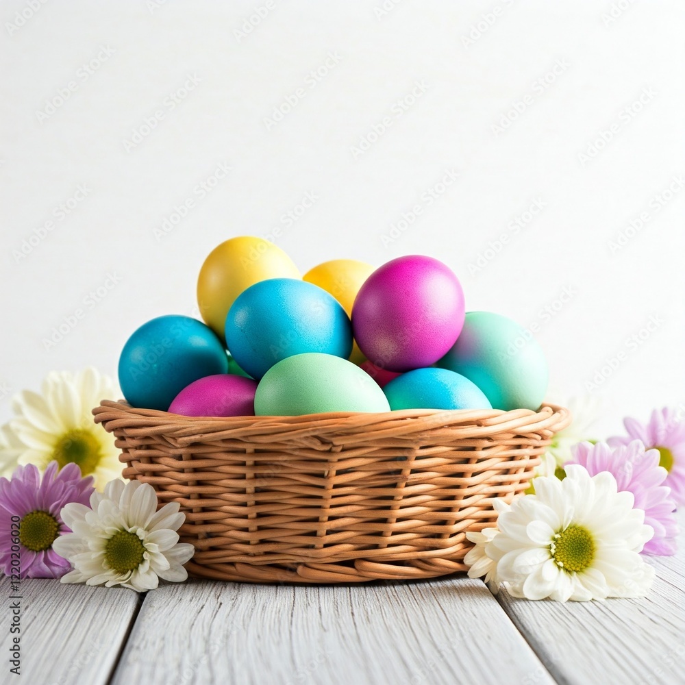pastel easter eggs in wicker basket with daisies on white wooden tabletop background pastel easter eggs in wicker basket with daisies on white wooden tabletop background