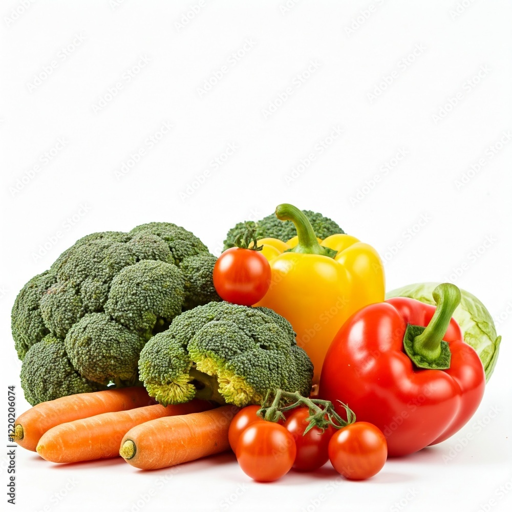 colorful fresh vegetables and fruits with yellow and red bell peppers and green broccoli on a white background colorful fresh vegetables and fruits with yellow and red bell peppers and green broccoli on a white background