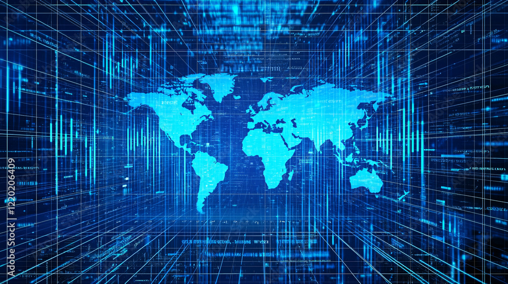 A digital world map surrounded by a network of glowing blue lines, representing global connectivity and technology. A digital world map surrounded by a network of glowing blue lines, representing global connectivity and technology.