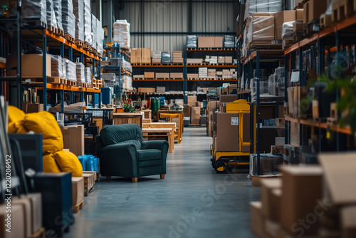 Furniture warehouse with stack of product shelf, Interior of storage with plenty of product.