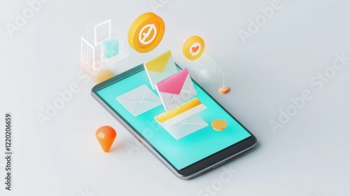 Wallpaper Mural A clean 3D smartphone showcasing an email inbox with bold marketing icons such as a clock and target, glowing brightly, on white Torontodigital.ca