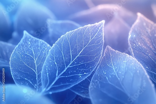 Frosted leaves in a tranquil winter setting, coated in icy crystals and glowing softly in a blue morning hue. The frost glistens against the delicate veins of each leaf, adding to the wintry charm. photo