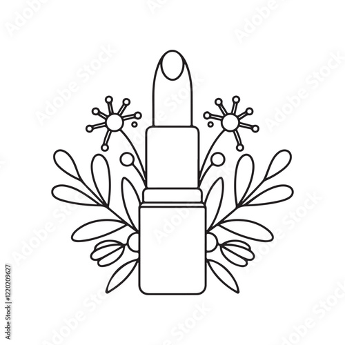 Lipstick hand drawn outline doodle icon with flower coloring page. Female makeup accessory - lipstick vector sketch illustration for print, web, mobile and infographics isolated on white background
