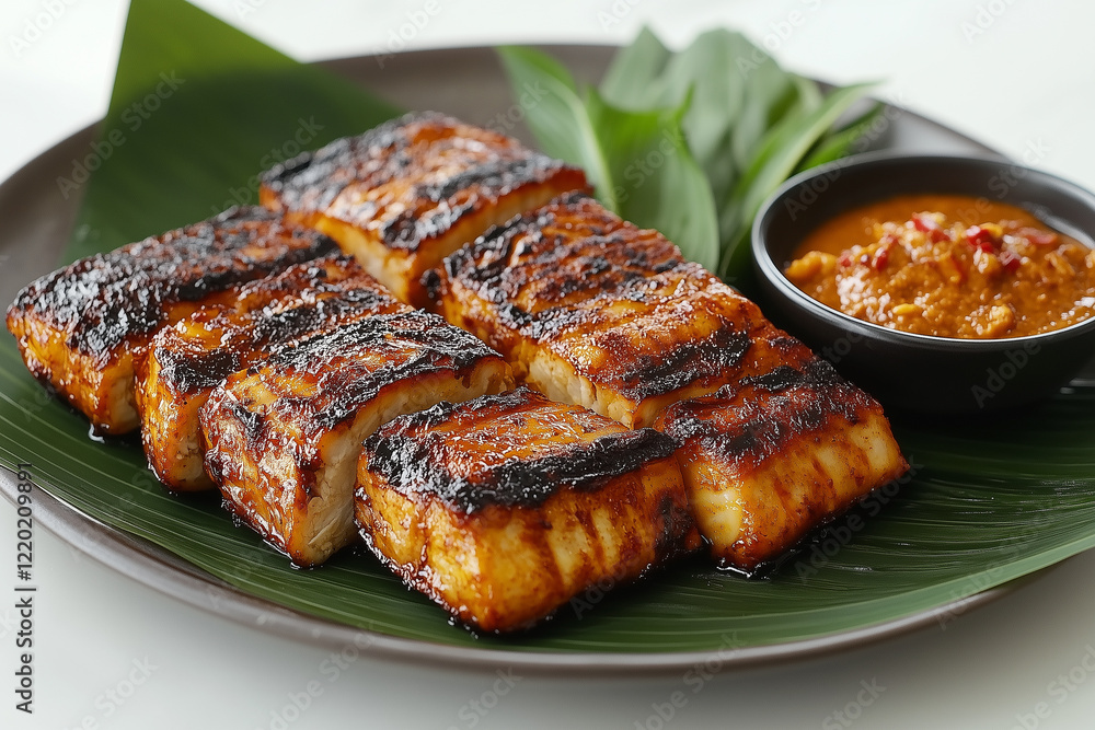 Grilled Fish with Spicy Asian Sauce on Banana Leaf Grilled Fish with Spicy Asian Sauce on Banana Leaf