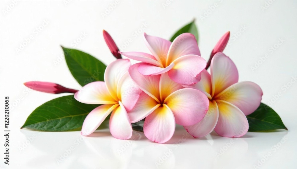 Naklejka premium Delicate plumeria flowers on white background, plumeria, flower, leaves