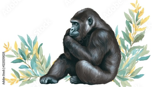 A contemplative gorilla sitting amidst vibrant foliage, showcasing its thoughtful demeanor in a serene setting photo