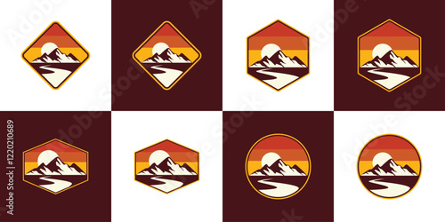 mountain vector logo , badge display , Three mountain peaks with one highest peak. Sunrise.
 photo