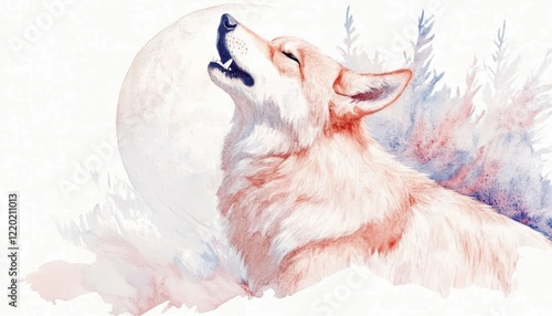 A serene illustration of a howling wolf against a full moon, surrounded by soft, colorful foliage