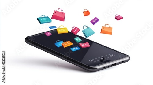 Wallpaper Mural A modern 3D smartphone with a sleek inbox interface and floating marketing icons like shopping bags and discount tags, isolated on white Torontodigital.ca