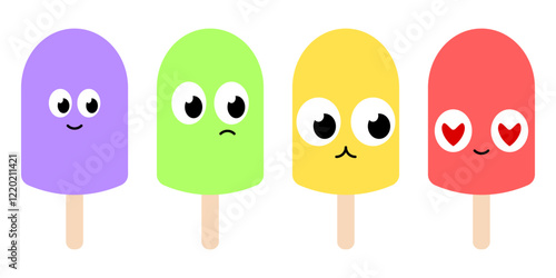 Ice cream in cartoon style with different emotions. Vector illustration isolated on white background.