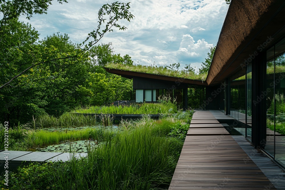 Fototapeta premium This image showcases innovative architectural designs that prioritize sustainability and blend seamlessly with environmental elements.