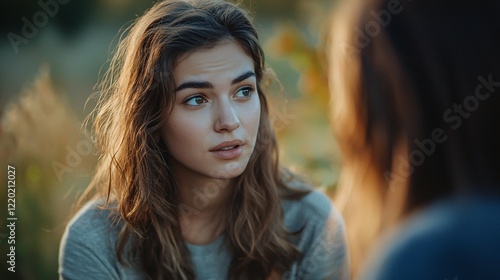 This image captures a woman thoughtfully discussing with a friend, showcasing deep emotions of empathy and connection. photo