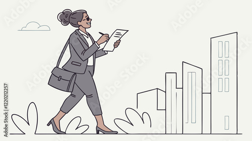 Wallpaper Mural Line-Art Illustration: Successful BusinessWoman with Clipboard  The image is a simple, line-art style illustration of a woman walking in what appears to be a city environment. She has her hair pulled  Torontodigital.ca