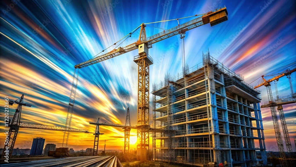 Fototapeta premium Construction Crane Lifting Materials, Blue Sky, Long Exposure Stock Photo