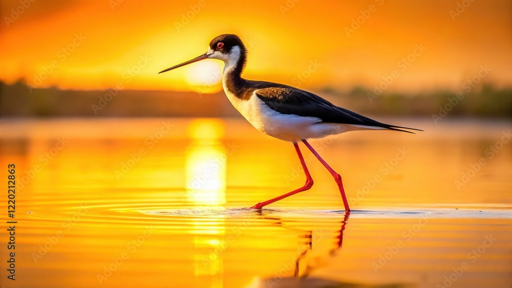 Obraz premium Elegant Black-Necked Stilt Wading in Shallow Water at Sunrise