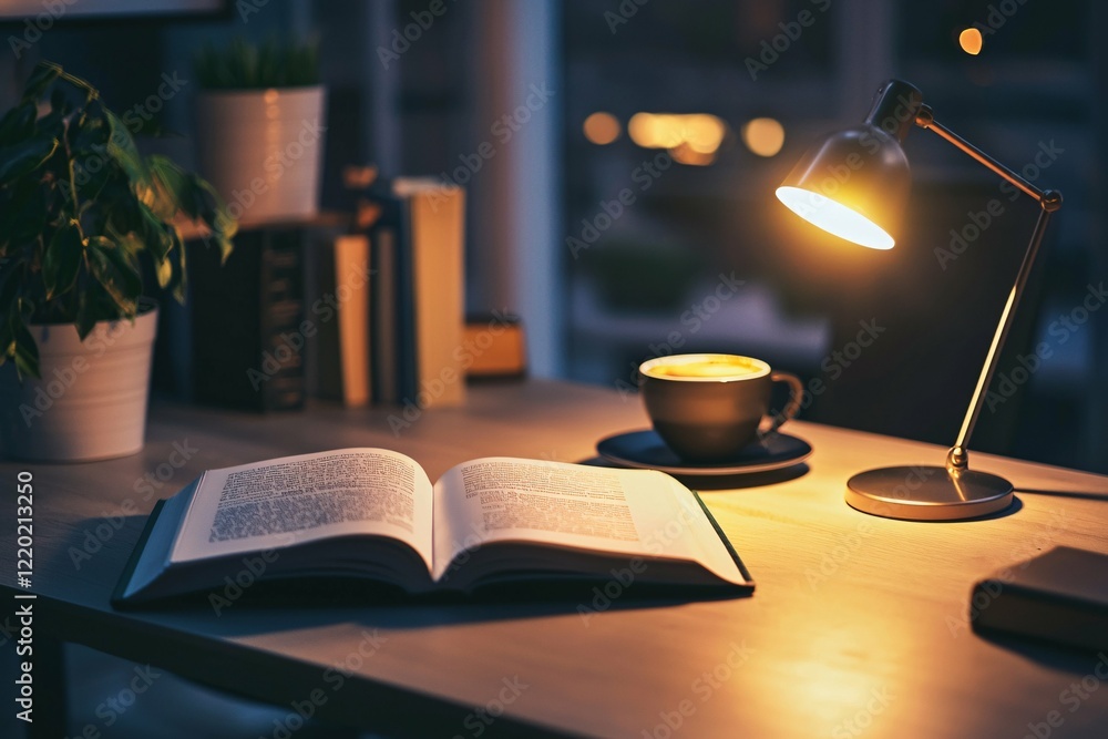 Fototapeta premium A self-transformation guide lies open on a sleek desk, accompanied by motivational decor and a coffee cup, with ambient lighting creating a conducive atmosphere for personal development.
