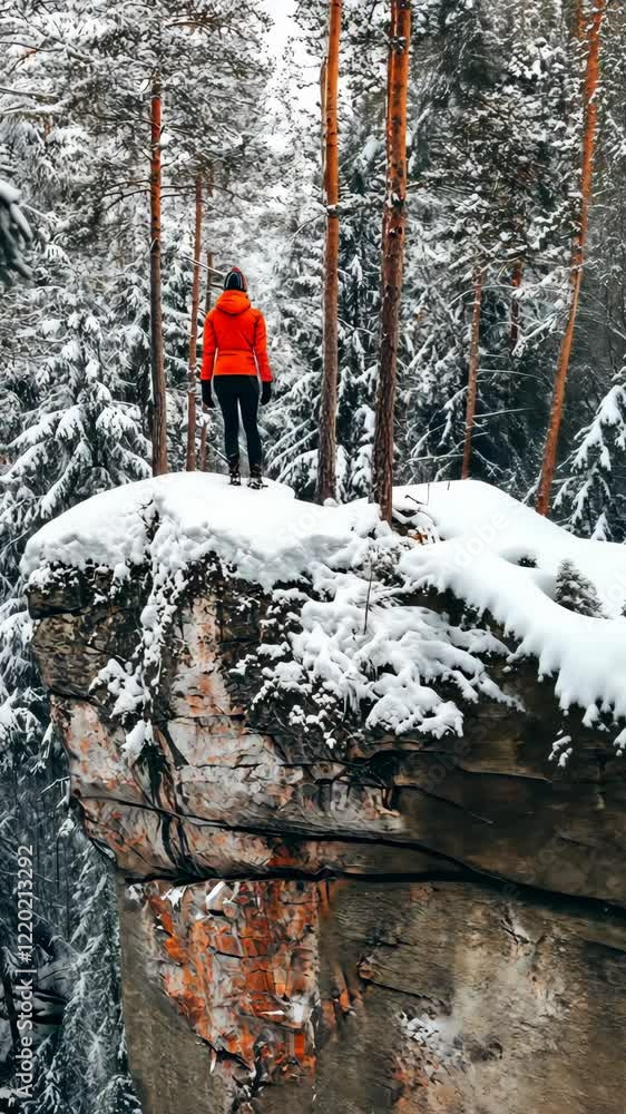 Standing on the edge of a snowy cliff in a winter forest wearing a bright red jacket Standing on the edge of a snowy cliff in a winter forest wearing a bright red jacket