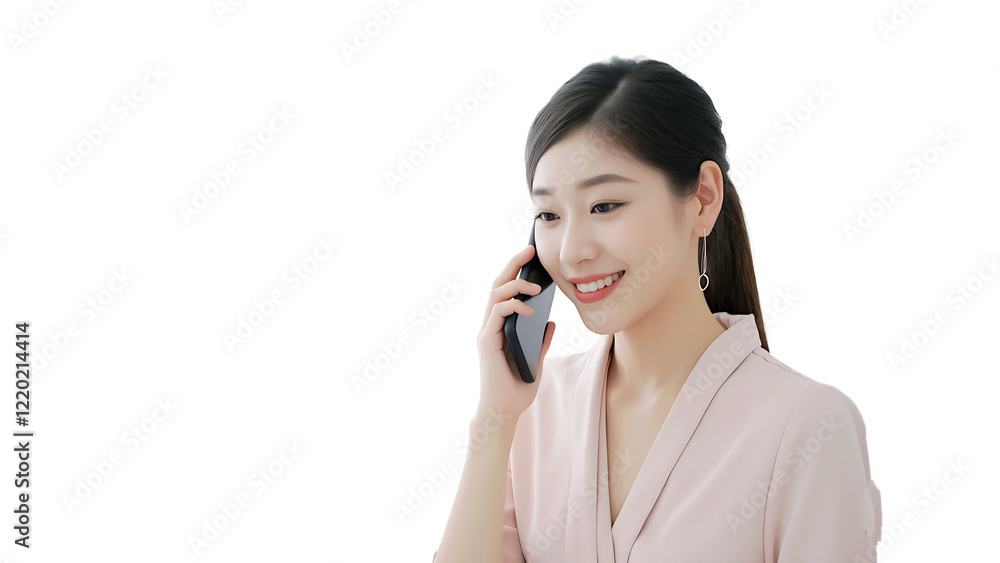 Smiling young woman in formal attire having a phone conversation on isolated black background. Communication concept. Smiling young woman in formal attire having a phone conversation on isolated black background. Communication concept.
