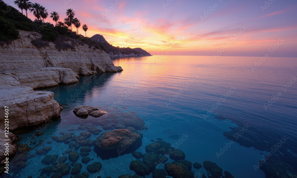 Scenic Cliffside View Overlooking Crystal Clear Waters at Sunset A breathtaking cliffside view at sunset, with crystal-clear water below and the sky transitioning Scenic Cliffside View Overlooking Crystal Clear Waters at Sunset A breathtaking cliffside view at sunset, with crystal-clear water below and the sky transitioning