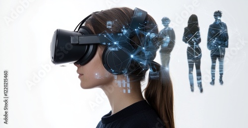 Woman using VR headset, connecting with virtual colleagues. photo