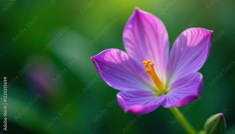 Delicate purple flower petals unfurl on a lush green stem, stamen, pistil Delicate purple flower petals unfurl on a lush green stem, stamen, pistil