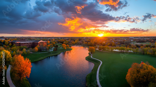 Aerial view of autumnal campus lake at sunset, vibrant colors reflecting on water, path winds through park. Ideal for education, travel brochures