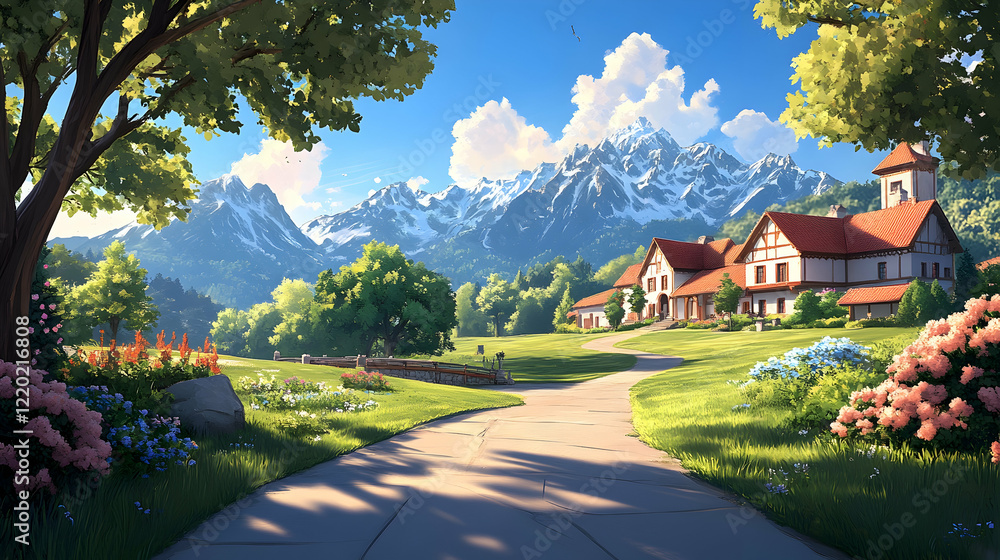 Naklejka premium Alpine village spring morning scenic path; idyllic background for travel, tourism, or game design