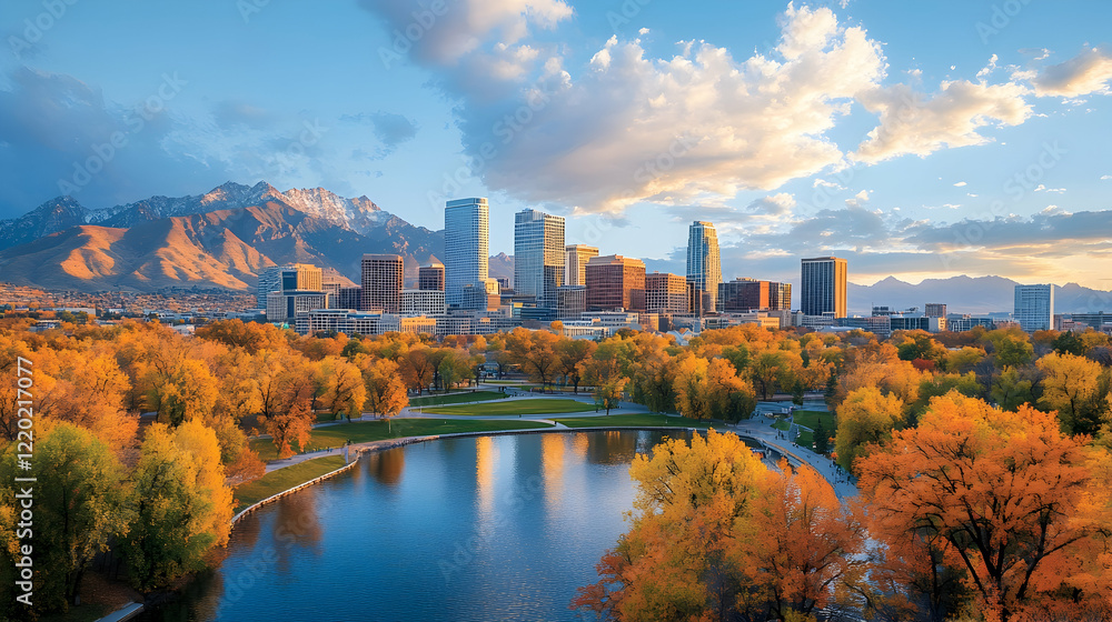Obraz premium Autumn cityscape panorama city skyline, park, lake, mountains at sunset. Ideal for travel brochures or city guides