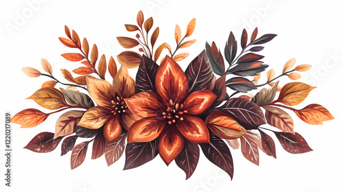 Autumn floral arrangement, leaves, flowers, fall colors, isolated on white, design element