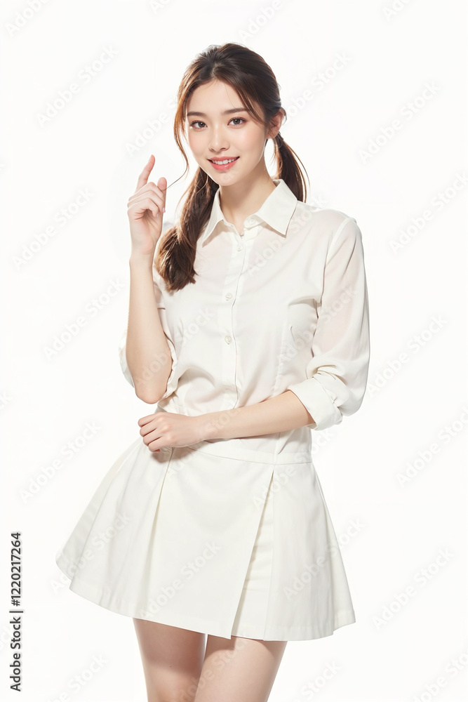 A woman in a white shirt and skirt is smiling and pointing to the camera A woman in a white shirt and skirt is smiling and pointing to the camera