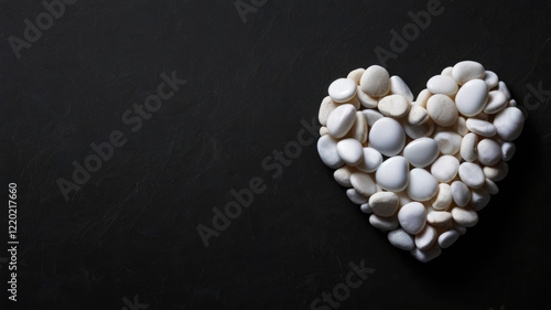 White, beige and gray stones, laid out in the shape of a heart on a black background.Abstract composition stone heart with space for text photo