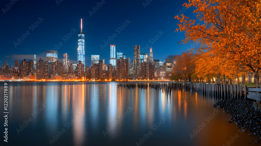 Obraz premium Autumnal NYC Skyline at Dusk Cityscape reflection on calm water, vibrant fall foliage in foreground; perfect for travel brochures