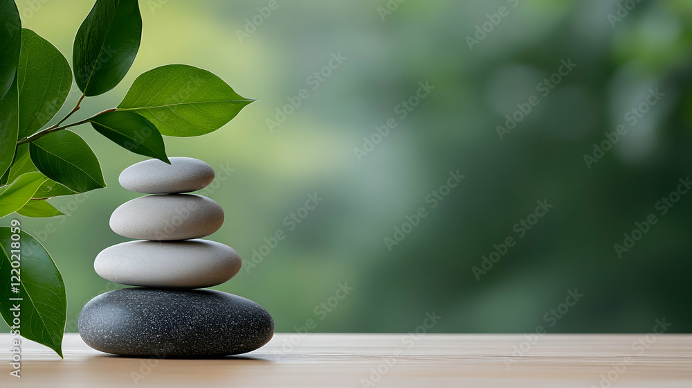 Balanced stones, green leaves, nature background; serenity, spa, wellness Balanced stones, green leaves, nature background; serenity, spa, wellness