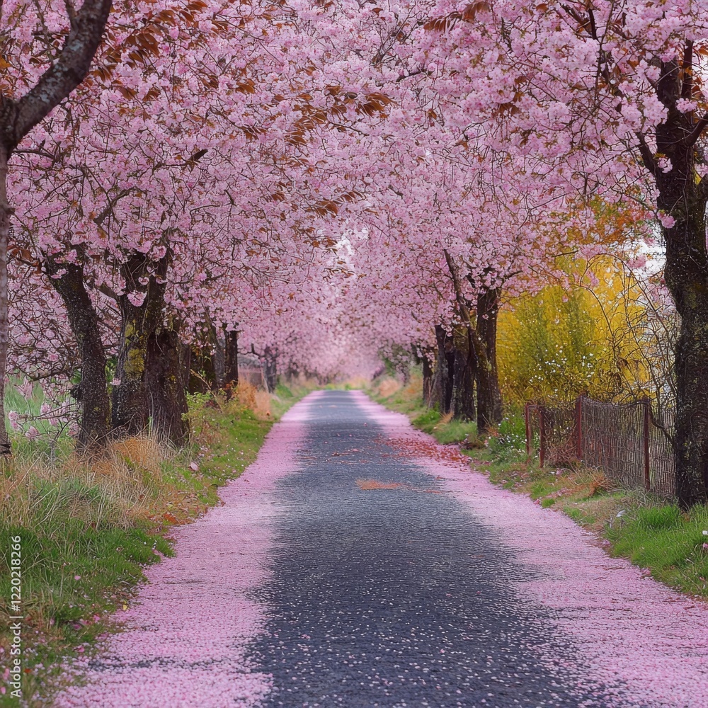 pathway lined with blooming cherry blossom trees, their pink flowers creating a dreamy canopy over the side road pathway lined with blooming cherry blossom trees, their pink flowers creating a dreamy canopy over the side road
