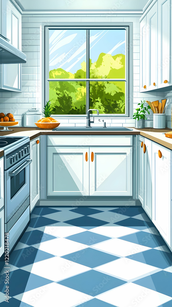 Fototapeta premium Bright kitchen interior design, sunny window view, tiled floor, home decor